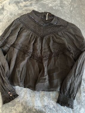 Free People Black Eyelet Yoke Blouse